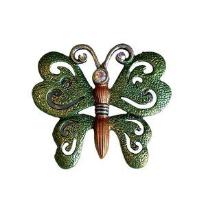 VTG Butterfly Brooch Pin Green Enamel Rhinestone Bug Insect Nature Signed DD